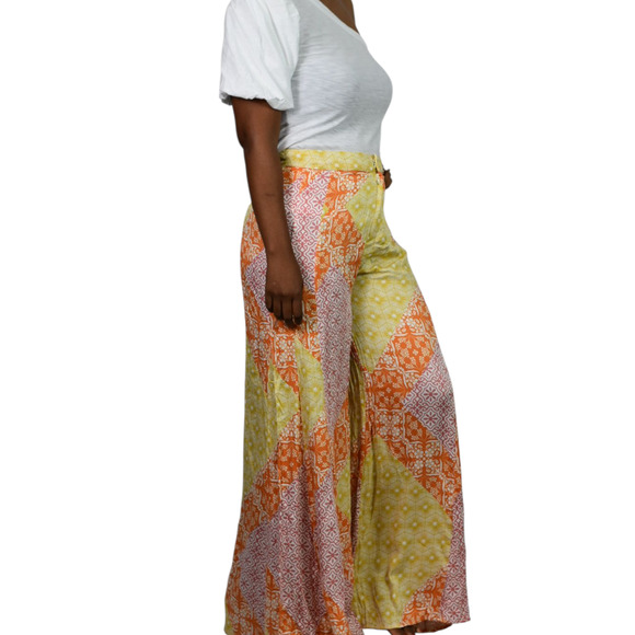 Olivaceous Patchwork Palazzo Print Pants Orange Yellow Rayon Wide Flare Medium - Picture 6 of 13